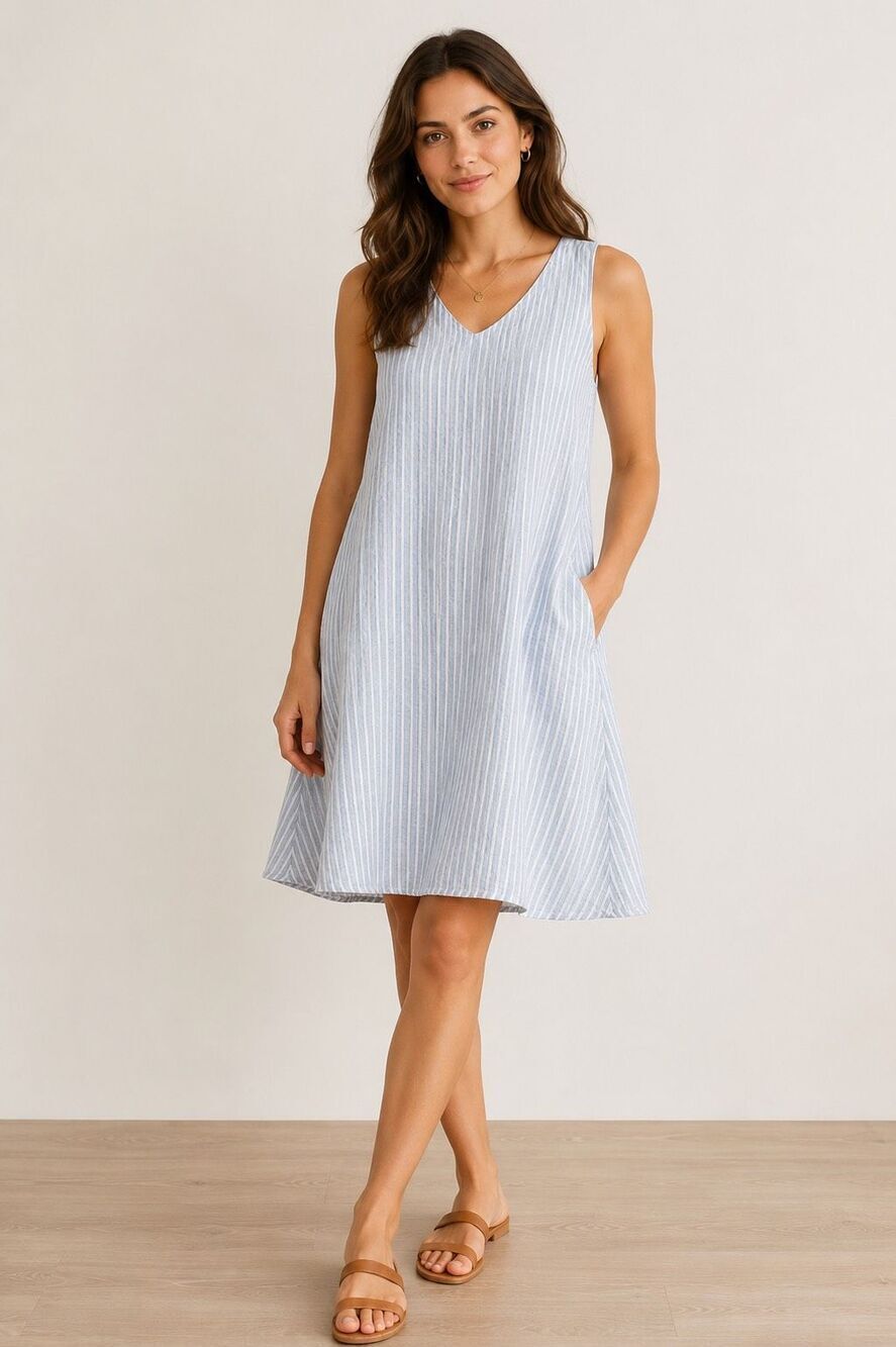 APNY 100% Linen Blue White Striped Sleeveless A-Line Dress Women’s Small